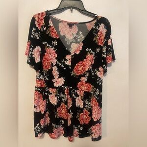 Torrid Black and Pink Floral V-Neck Blouse